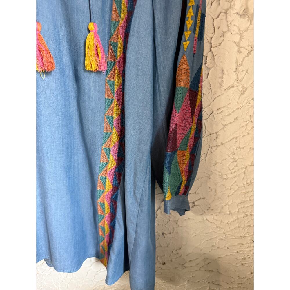 Zara TRF Embroidered Boho Tunic Top Blue Chambray Peasant Tassel Medium M Folk - Picture 3 of 8